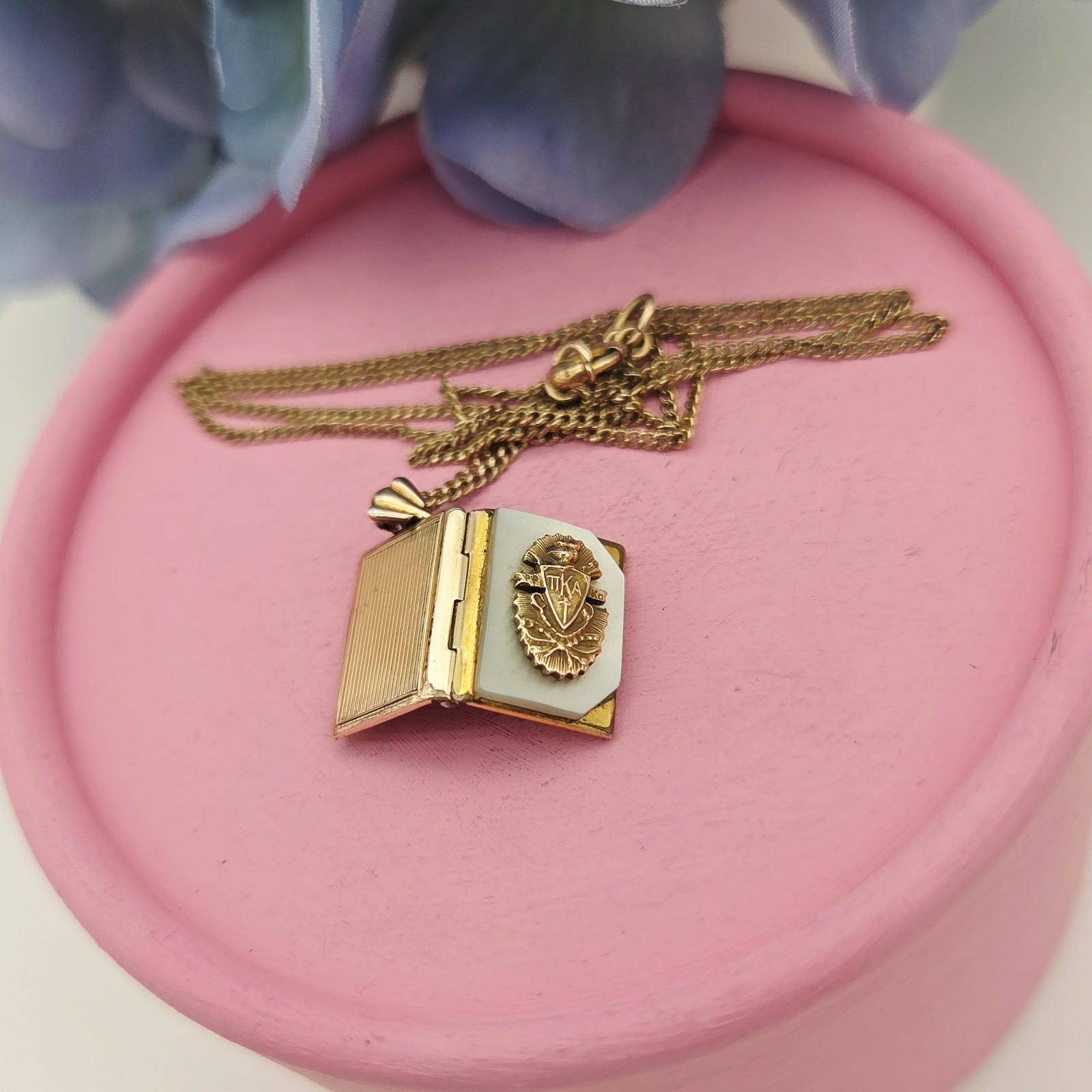 PIKE Antique Vintage Book Locket PI KAPPA ALPHA  GF Chain Fraternity Lavalier