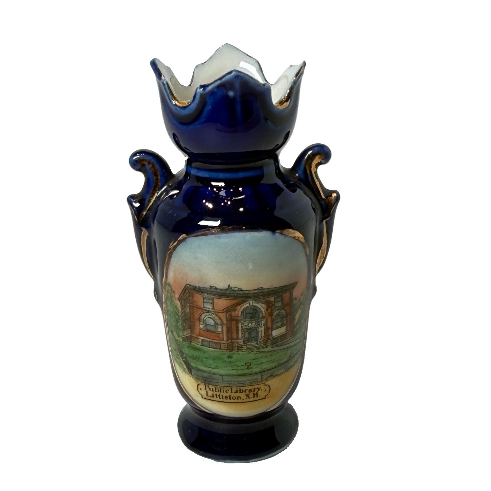 LITTLETON NH NEW HAMPSHIRE ANTIQUE Souvenir PUBLIC LIBRARY COBALT TRINKET VASE
