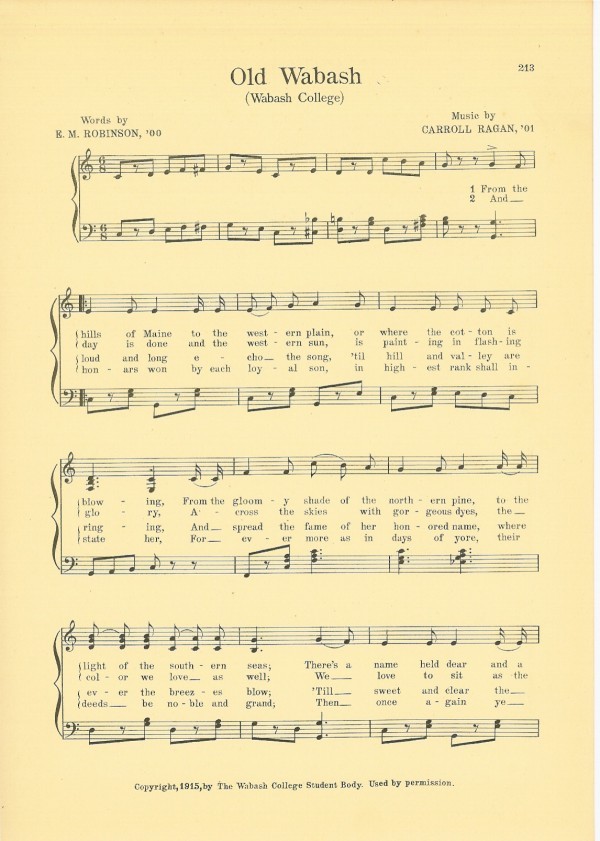 WABASH COLLEGE vintage song sheet c1927 \
