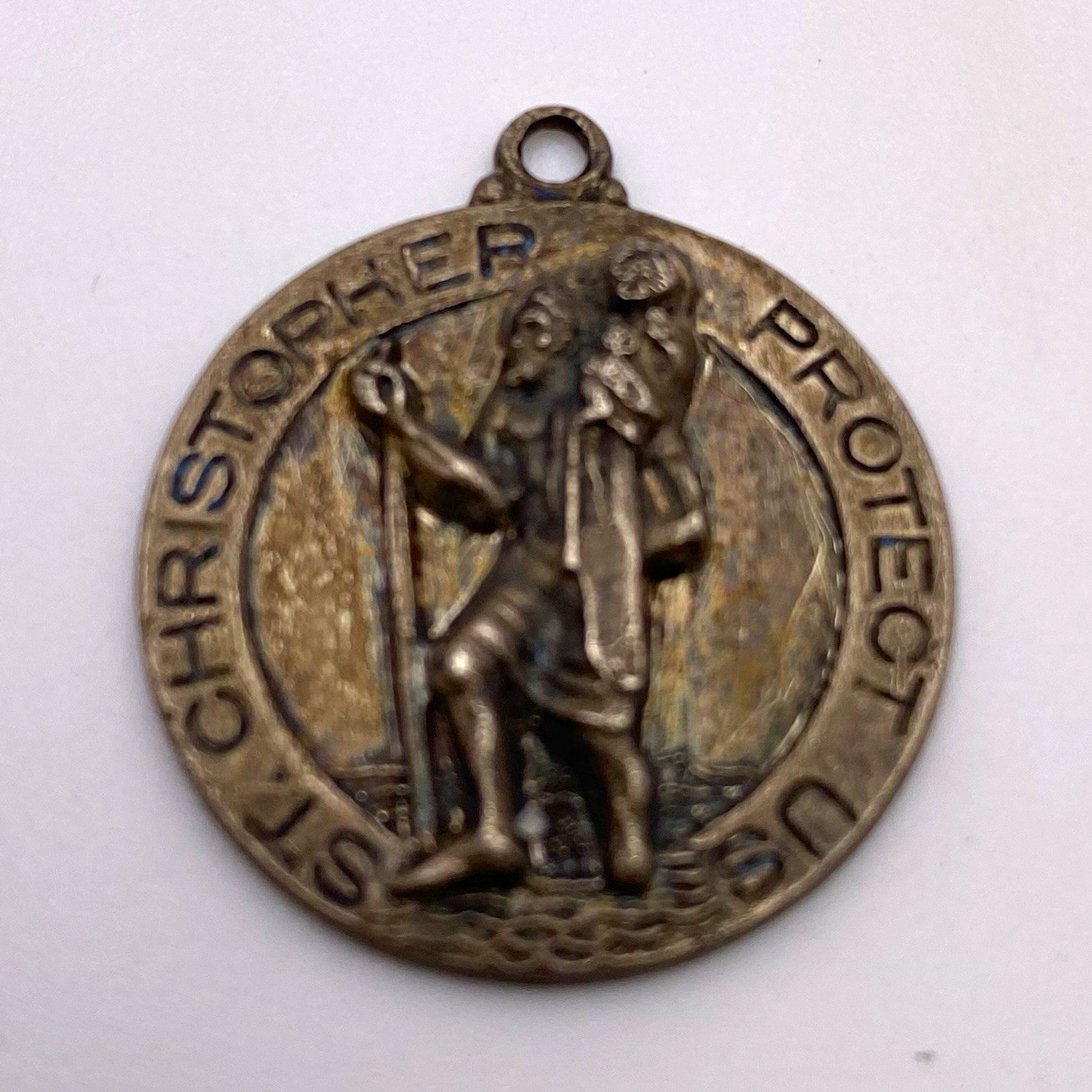 Vintage Sterling St. Christopher Protect Us Christian Medal Pendant Charm WEH