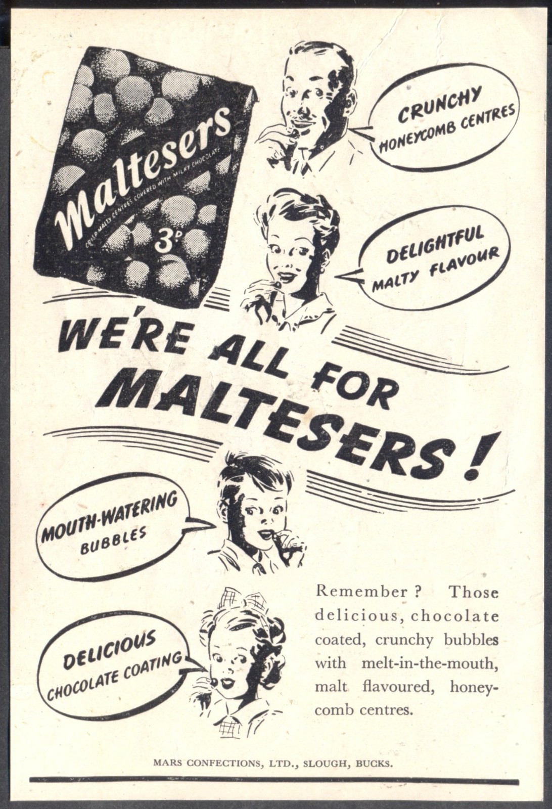 1940s Advert: 'We're All For MALTESERS - Mouth-Wateringly Delicious' Free p&p