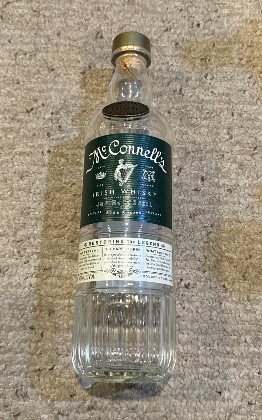 McConnell\'s Irish Whiskey 5-Year-Old 1 Ltr Clear Empty Cork Top Bottle