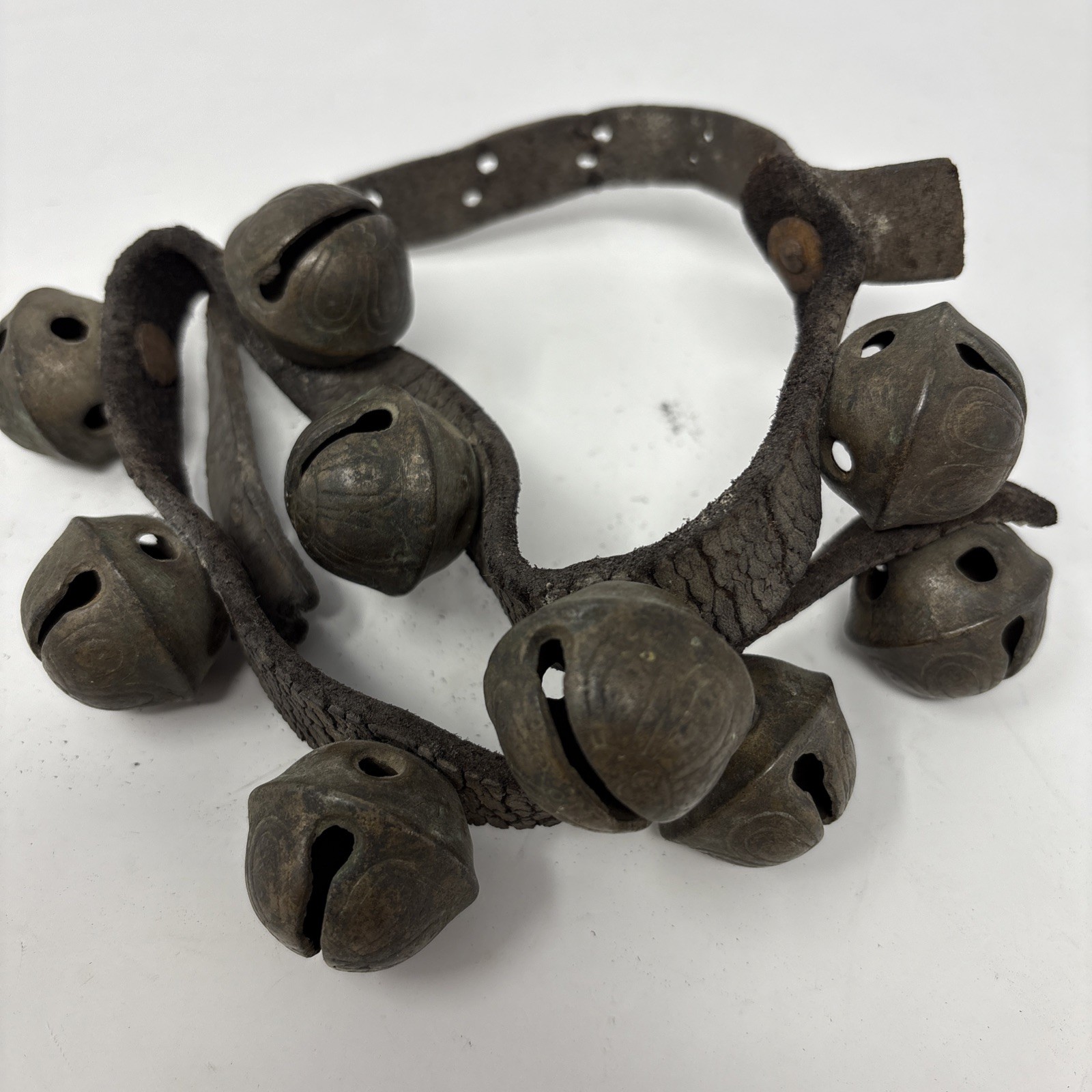 Lot of 9 Antique/Vintage Brass Sleigh Bells Stamped with #3 and leather strap