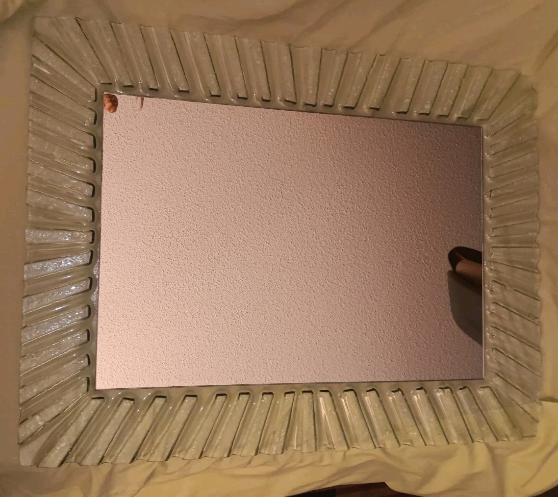 ITALIAN MODERN MURANO FLUTED AQUA MARINE COLOR GLASS FRAME MIRROR 31.5 