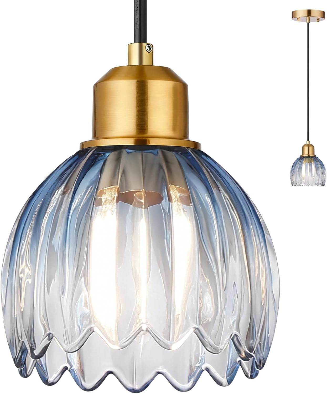 Blue Glass Pendant Light, Vintage Hanging Light with Tulip Lampshade