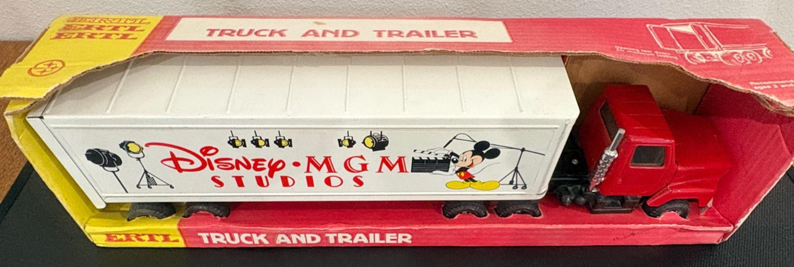 Vintage Disney MGM Studio Mickey Mouse Ertl Pressed Steel Tractor Trailer