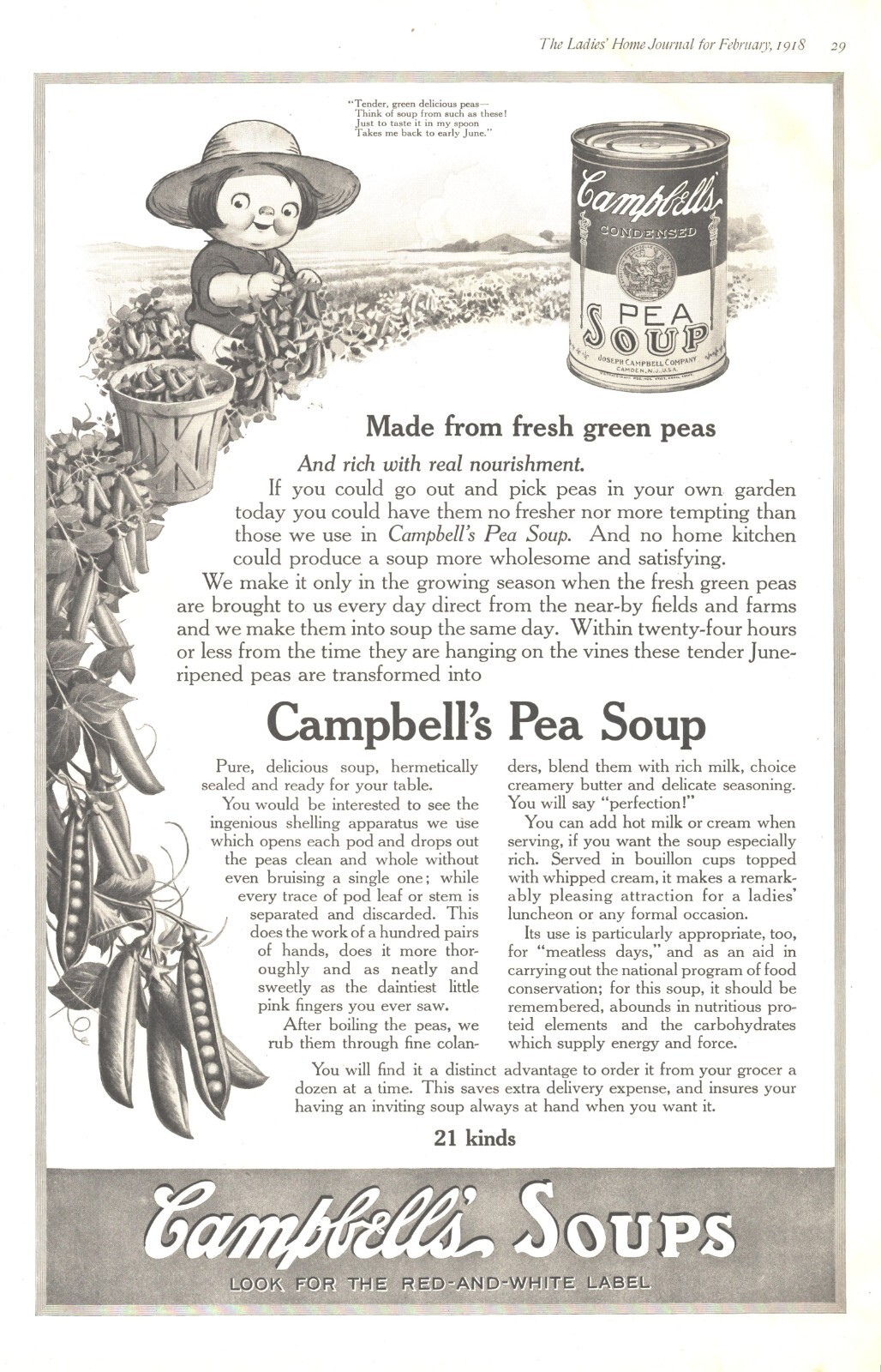 1918 Campbells Pea Soups Antique Ad WW1 Era