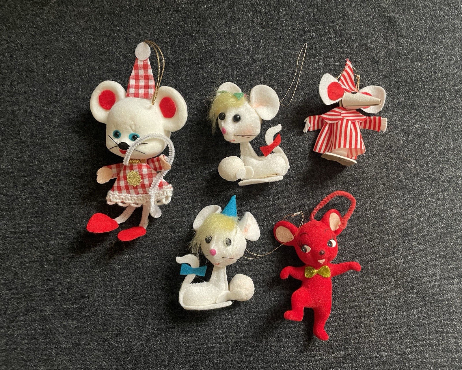 5 Vtg 1960s Mouse Mice Flocked Felt Christmas Ornaments Japan