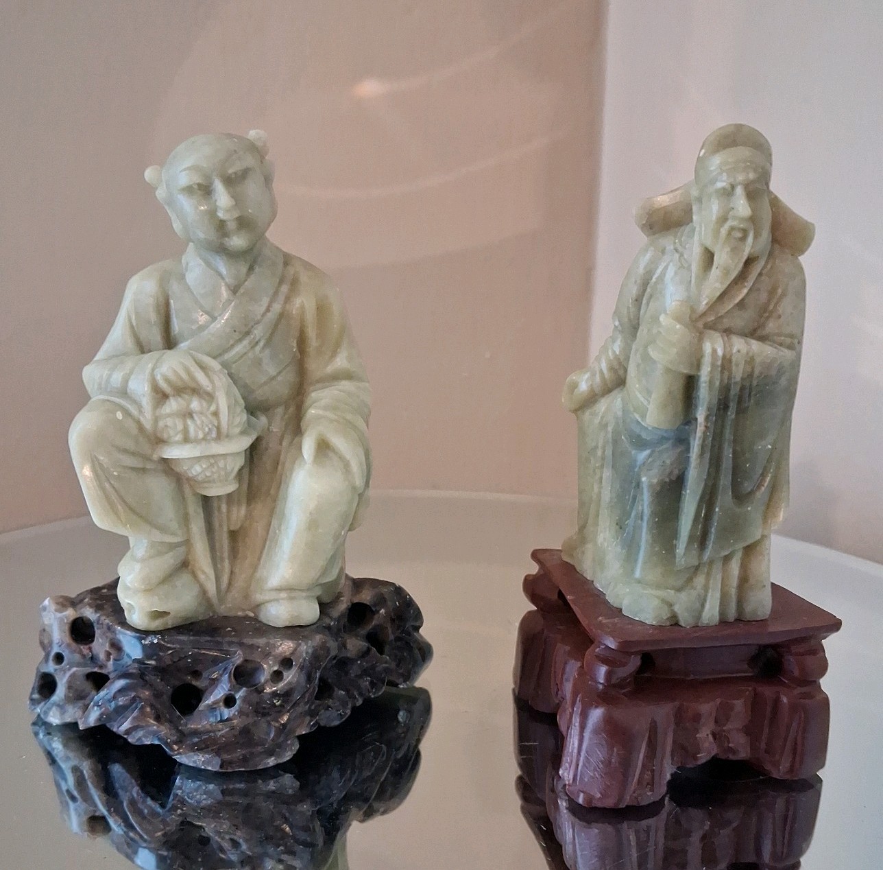 Vtg Lot Of 2 Chinese Carved Soapstone Immortal Lan Caihe And Scholar Figurines
