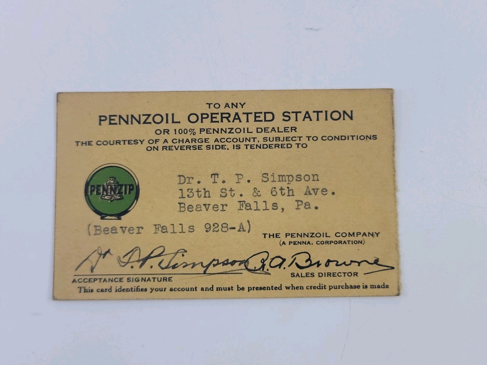 Vintage 1934 Pennzoil Dealer Charge Card Beaver Falls PA Card Stock Original