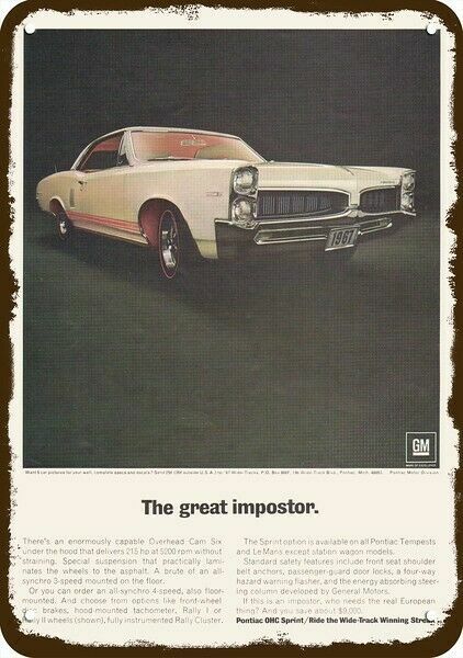 1967 PONTIAC TEMPEST SPRINT Sport Car Vintage-Look DECORATIVE REPLICA METAL SIGN