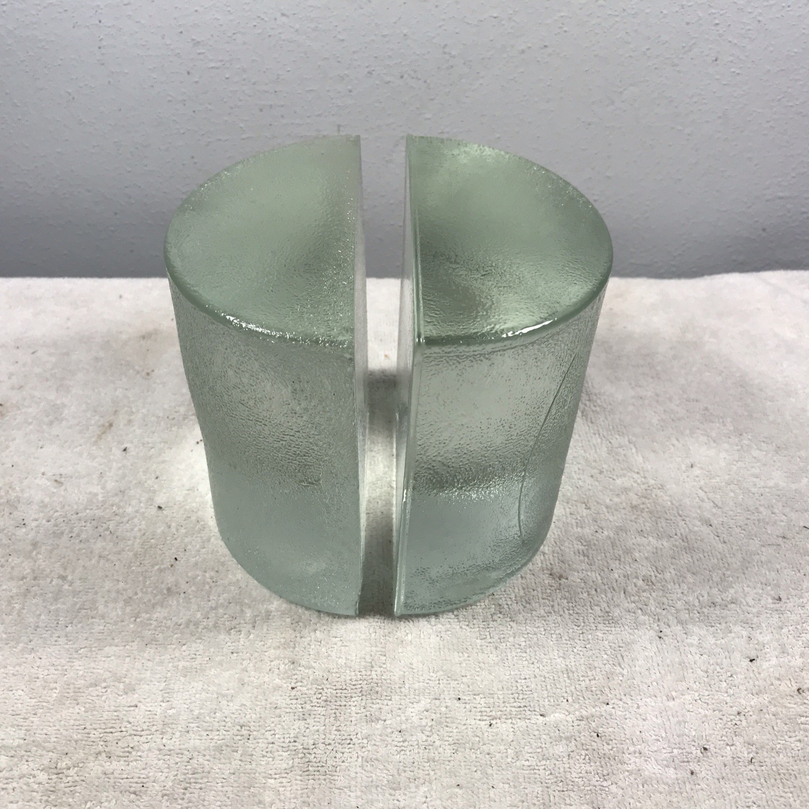 Vtg MCM Pair Blenko Glass Half Moon Bookends Heavy Frosted Textured Blue *Read*
