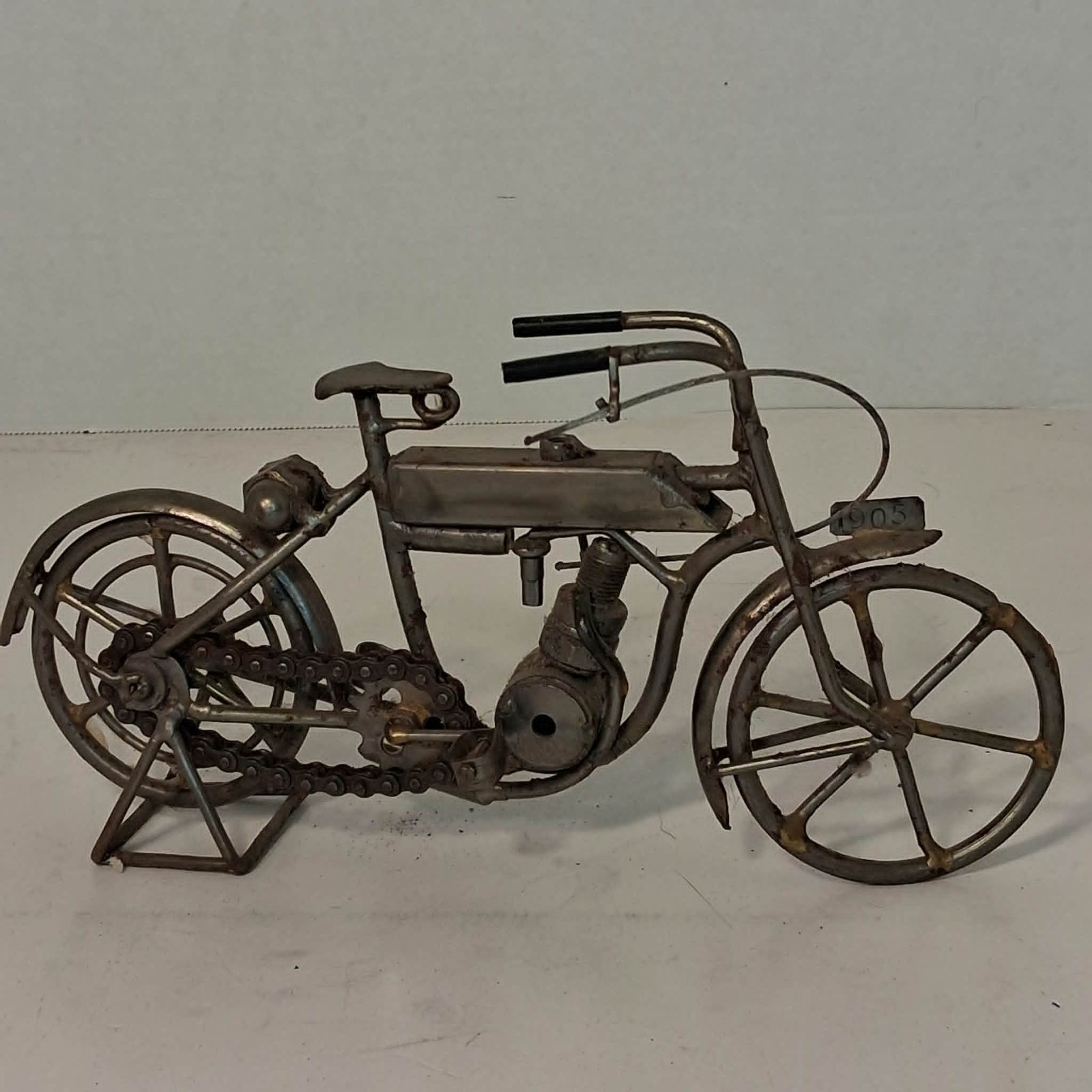 Vintage Metal Scrap Art Motorcycle Figurine Working Mechanical Chain Pedals 1905