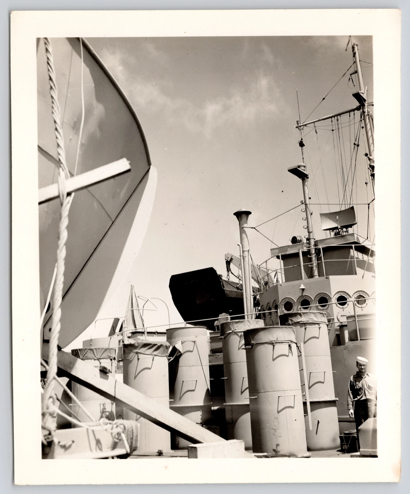 Landing Ship Bridge Rigging & Boat With Crewman WWII US Coast Guard Photo