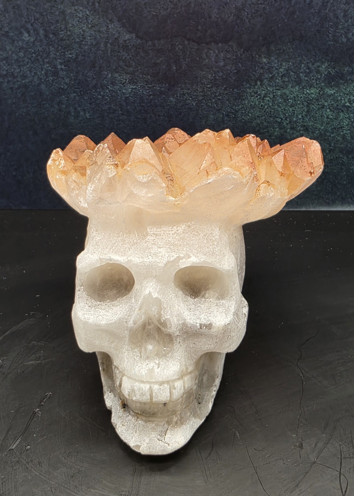 Orange Tone Clear Quartz Cluster Crown Skull Hand Carved Crystal 1lb 8oz
