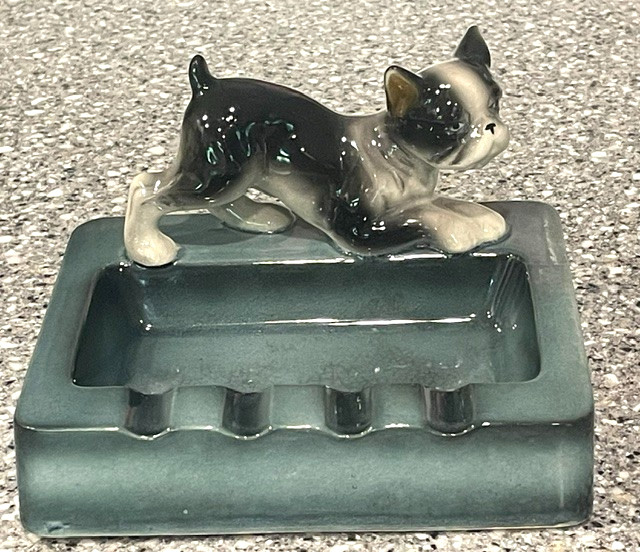 Vintage 1950's Glazed Ceramic Boston Terrier Dog Ashtray L & M Inc Dark Teal