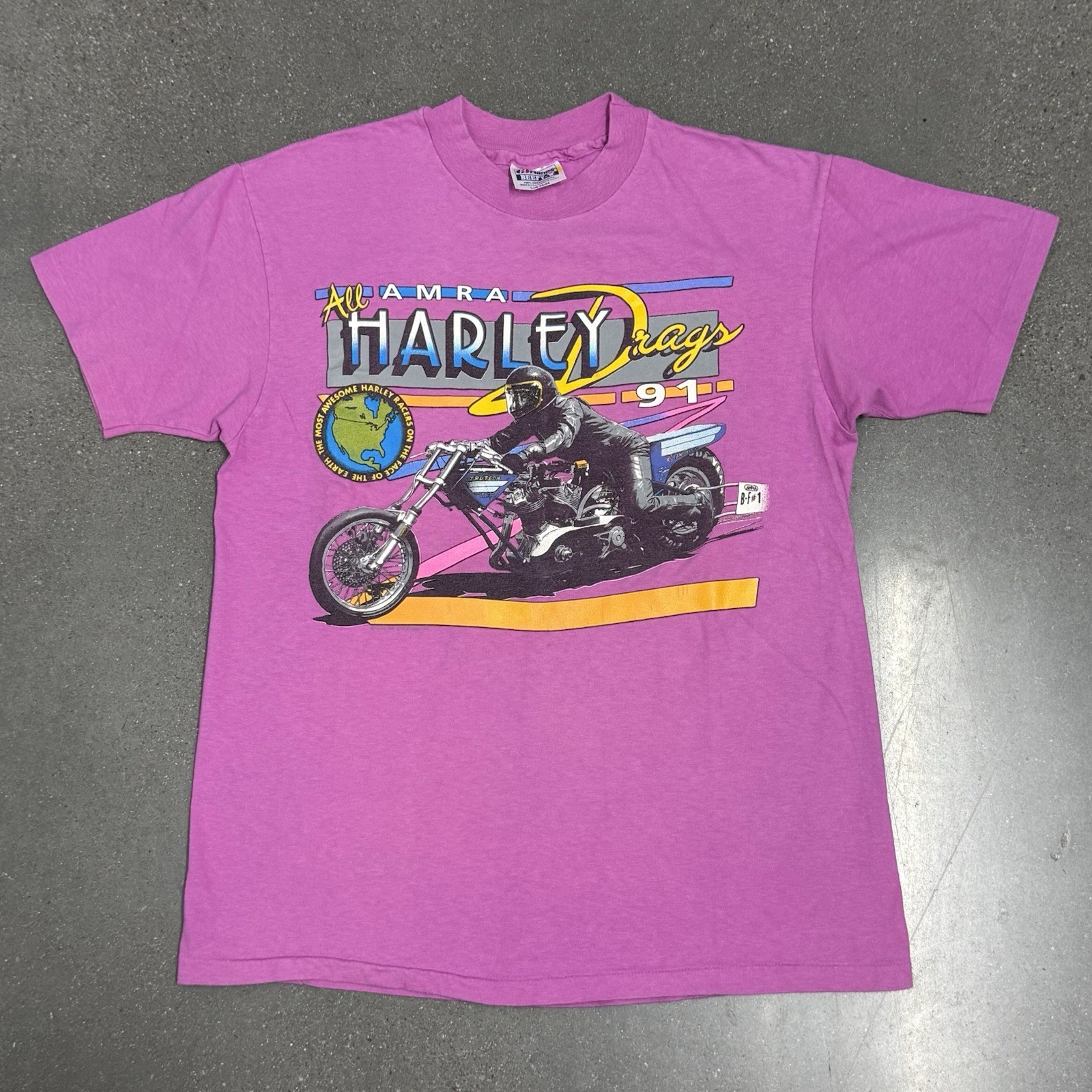 1991 Vintage Harley Davidson Drags AMRA Itaska Illinois Pink Tee L