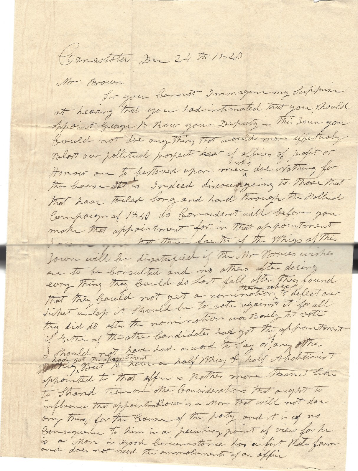 Early NY Businessman Scolds Sheriff For Hiring Weak Abolitionist, Whig