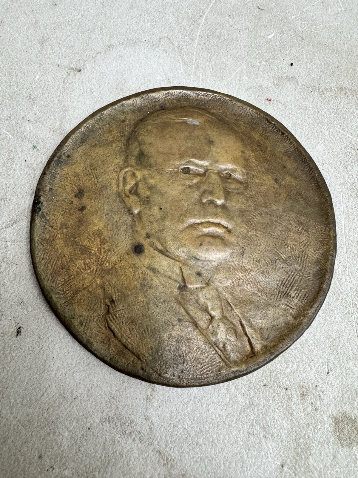 Antique Bronze Bas Relief Portrait Medallion Plaque Unidentified Man 6.5\
