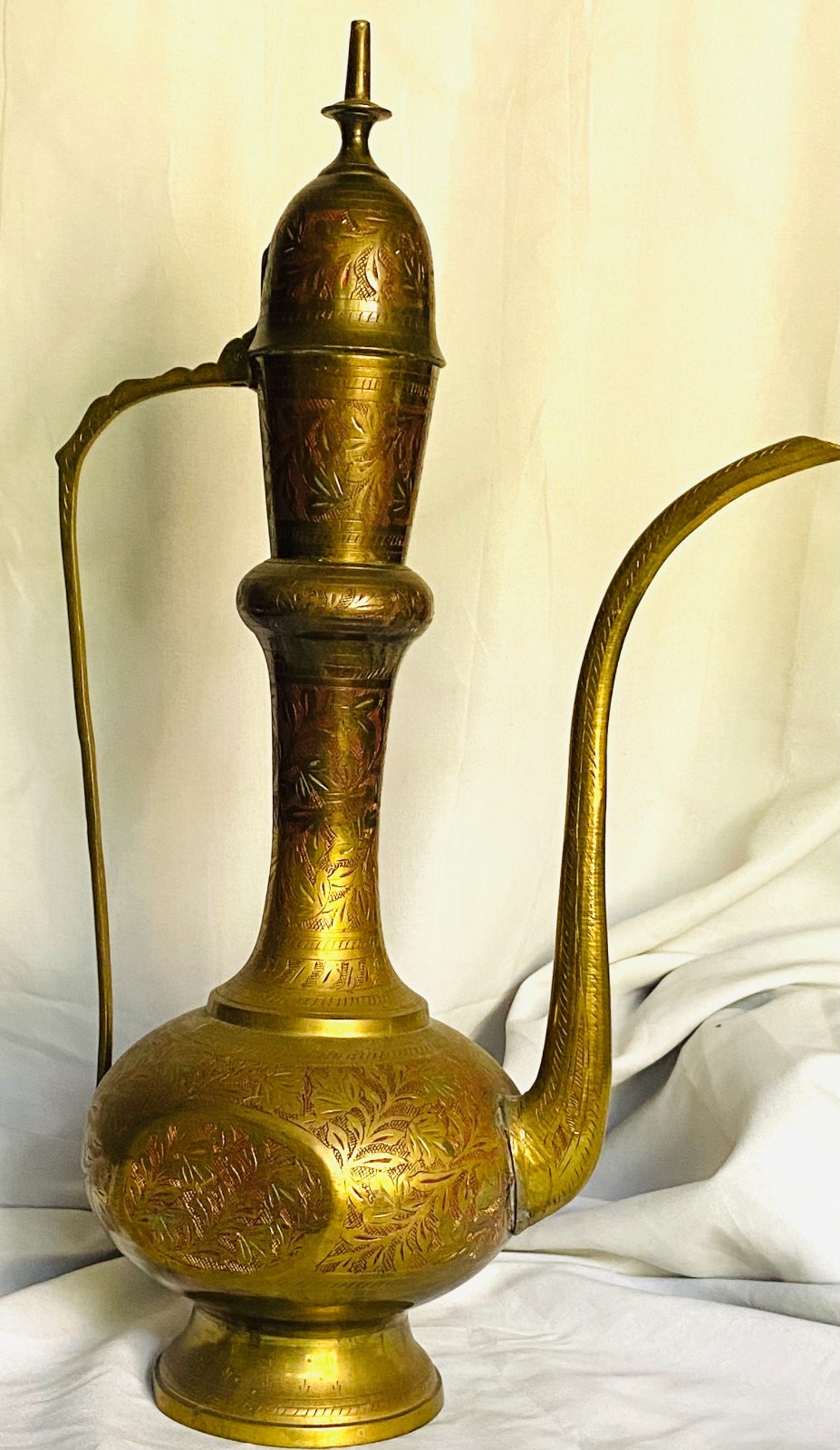 VINTAGE BRASS EWER AFTABA HAND ETCHED TEAPOT PITCHER ENAMEL REDS & GOLDS  21\