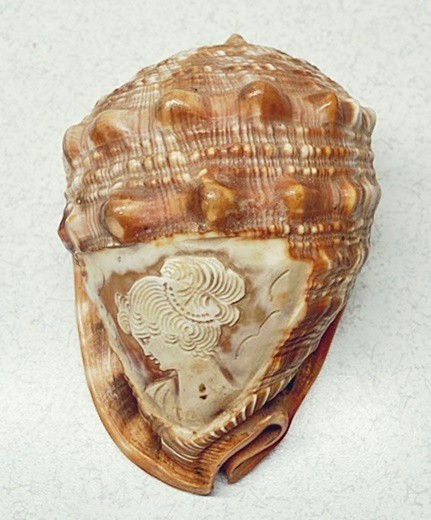 VINTAGE HAND CARVED CAMEO CLASSICAL WOMAN PROFILE BULLMOUTH HELMET SHELL - ITALY
