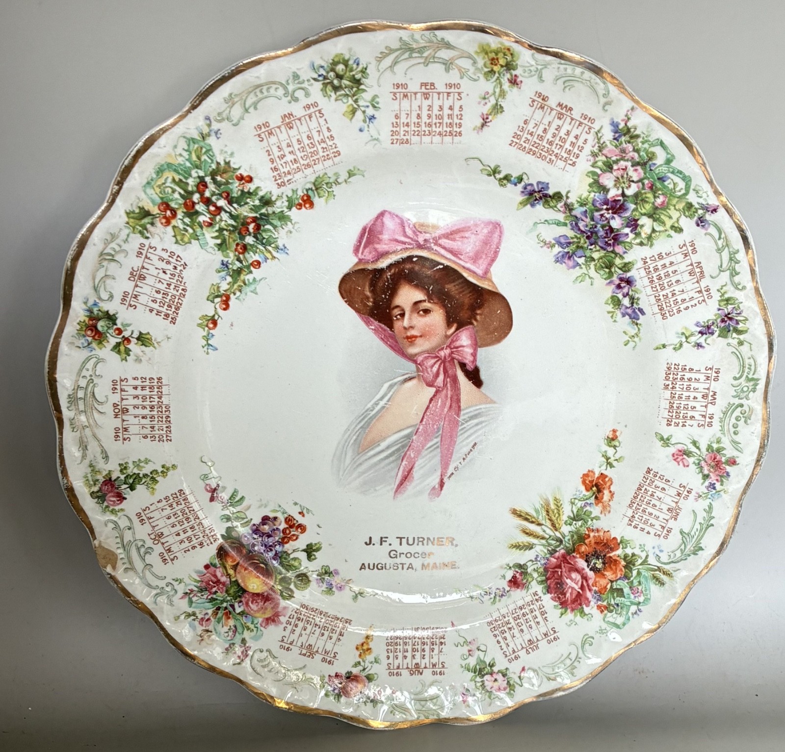 Antique McNicol Carnation  1910 Gibson Girl Ad Calendar Plate JF Turner Augusta