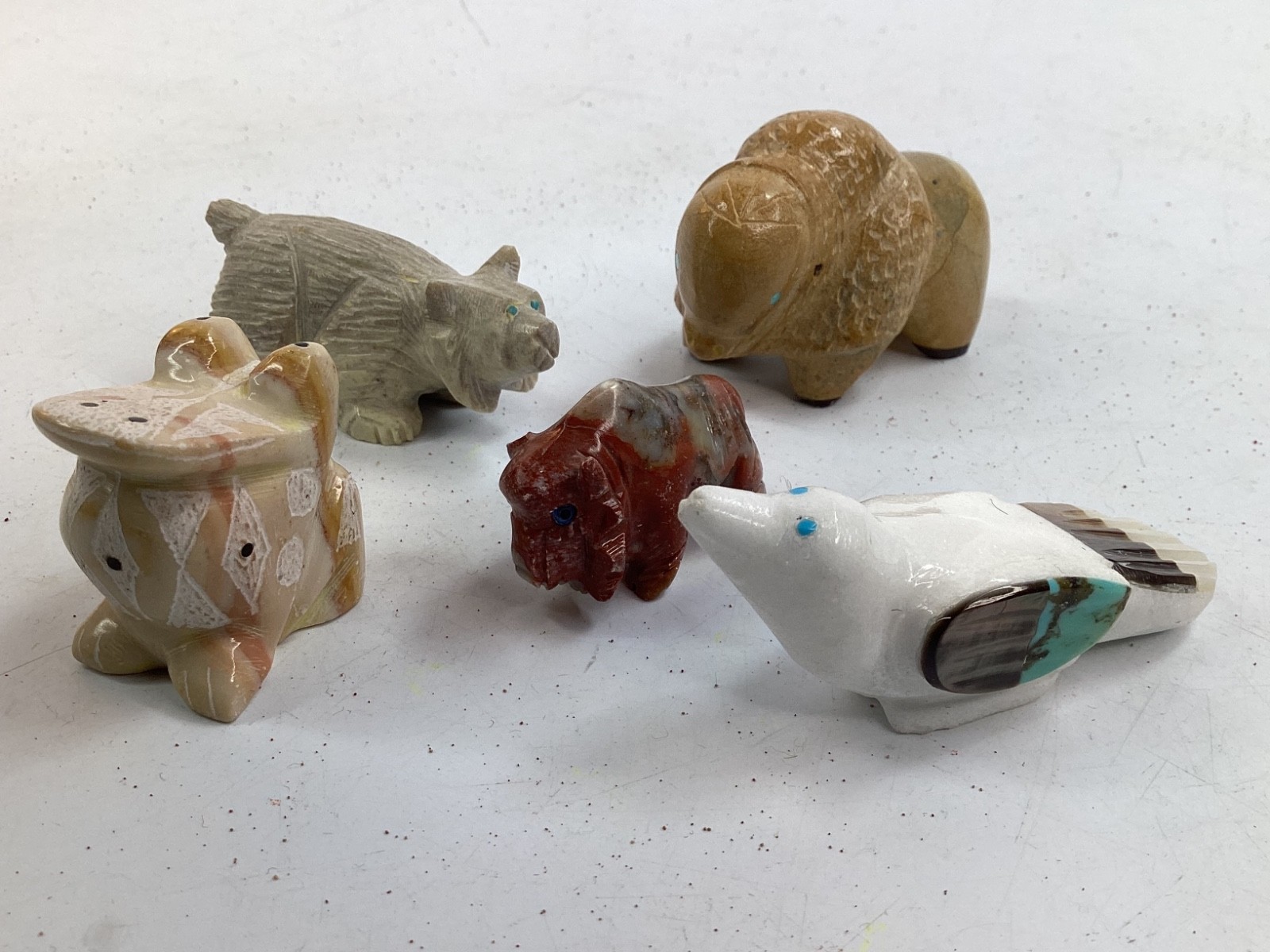 5 Zuni Fetish Mini Turquoise Russell Shack signed Native American Carved Stone