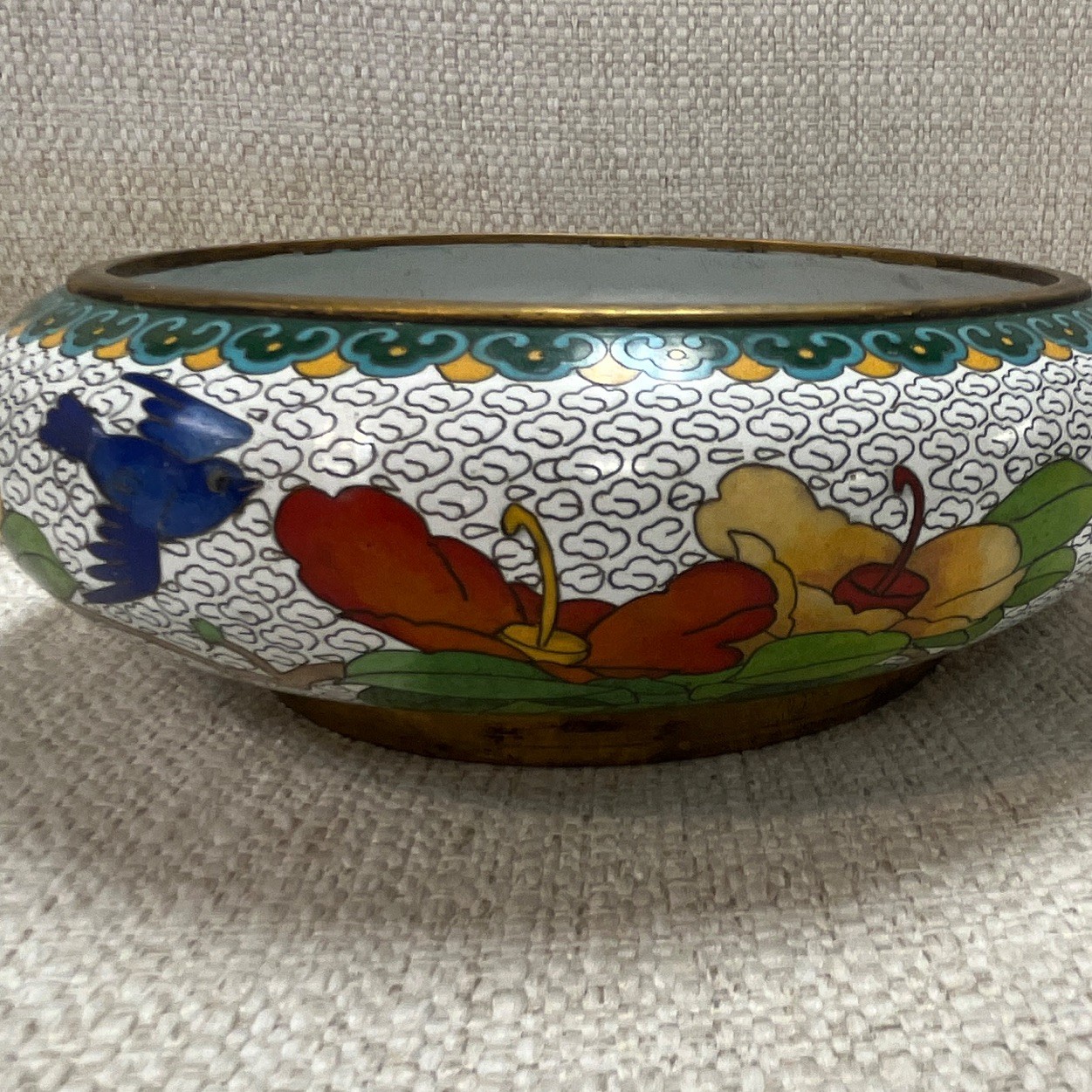 Vintage Chinese Cloisonne Style Enamel Bowl Floral Bird Design Jingfa Mark