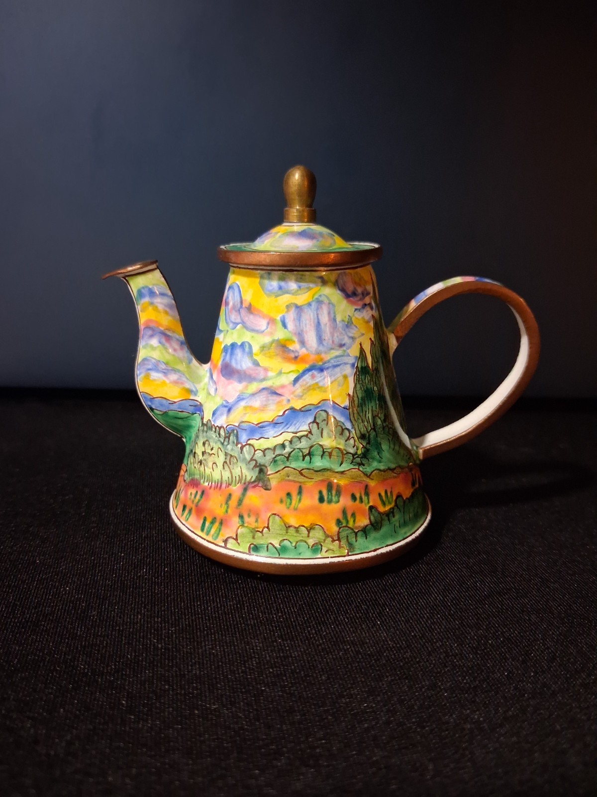 Vintage miniature hand painted enamel teapot Kelvin Chen collection