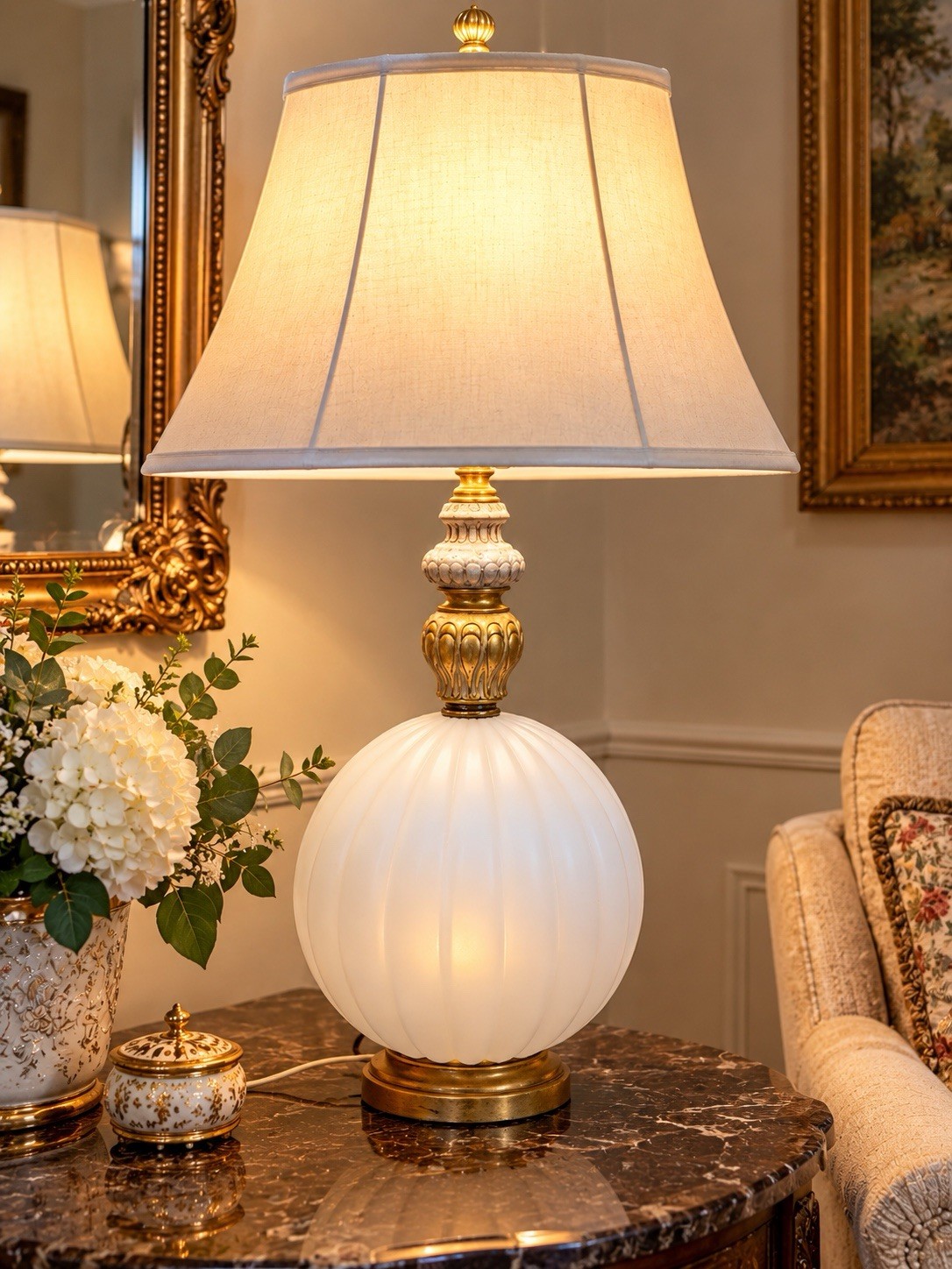 Vintage 1970s Hollywood Regency Table Lamp White Ribbed Glass Gold 35” MCM