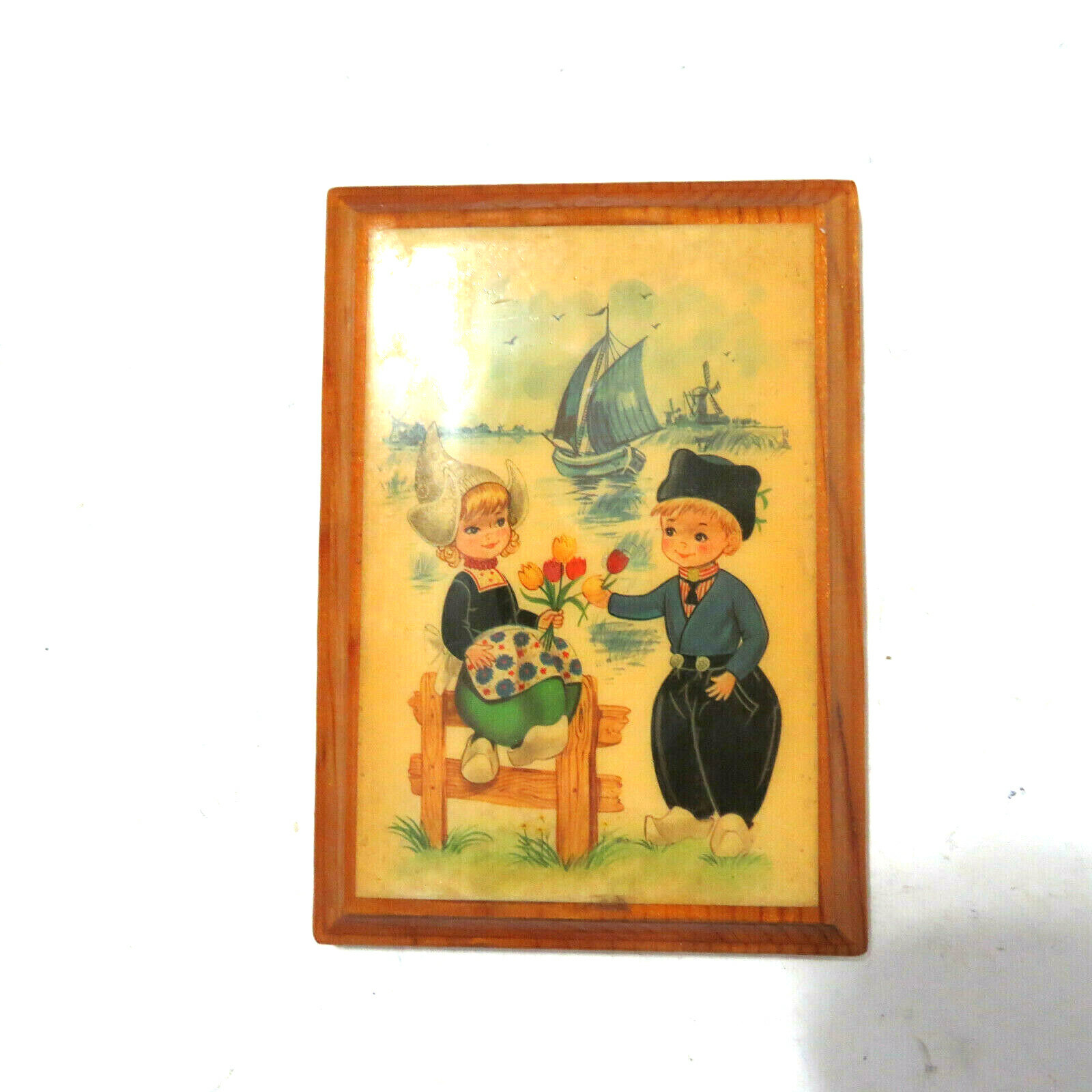 Vintage Dutch Boy Girl Wooden Wall Hanging Plaque 5 x 7