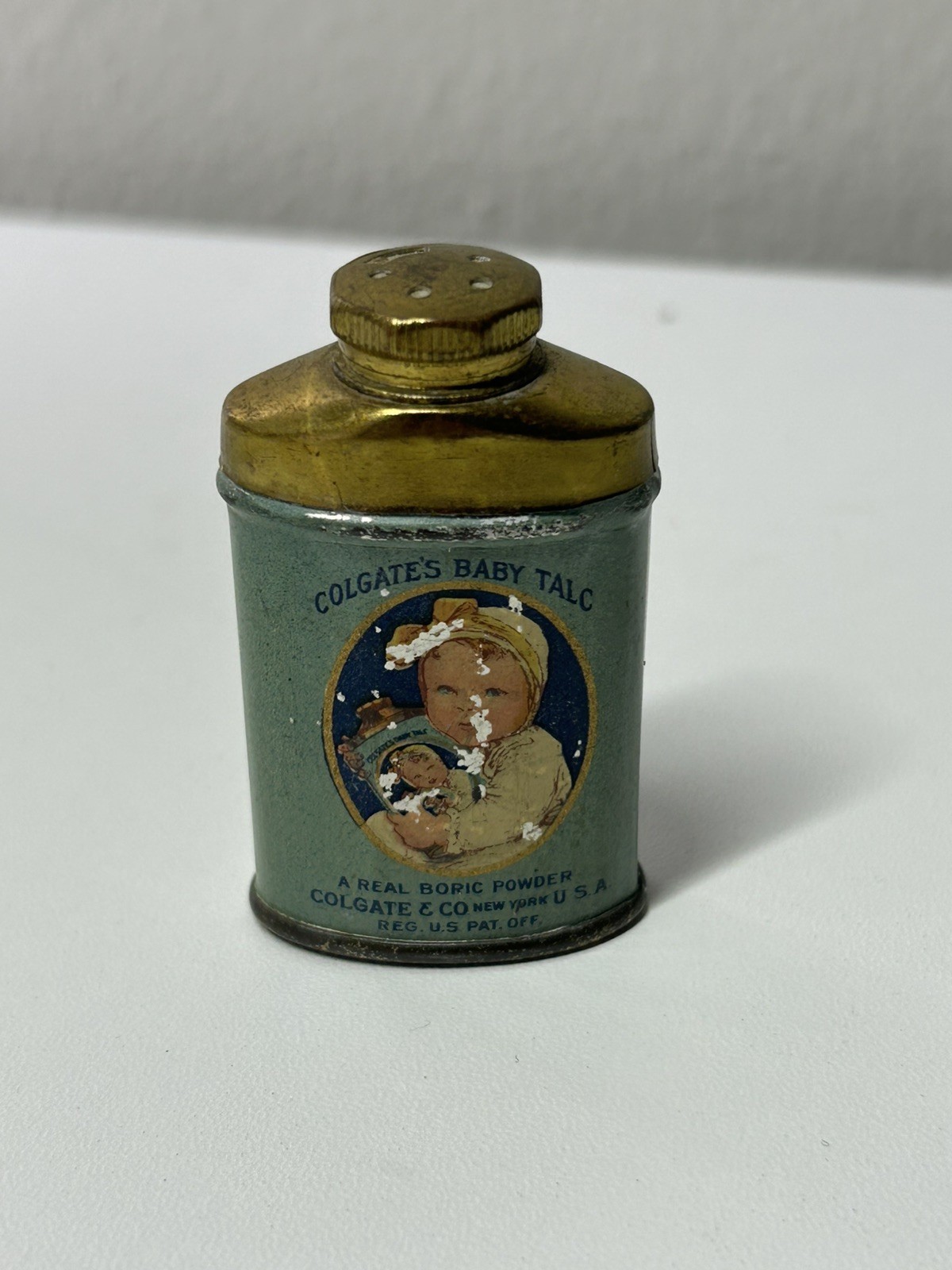 Antique Vtg Colgate Baby Talcum Powder Tin Advertising Tin Lot Graphic Gold
