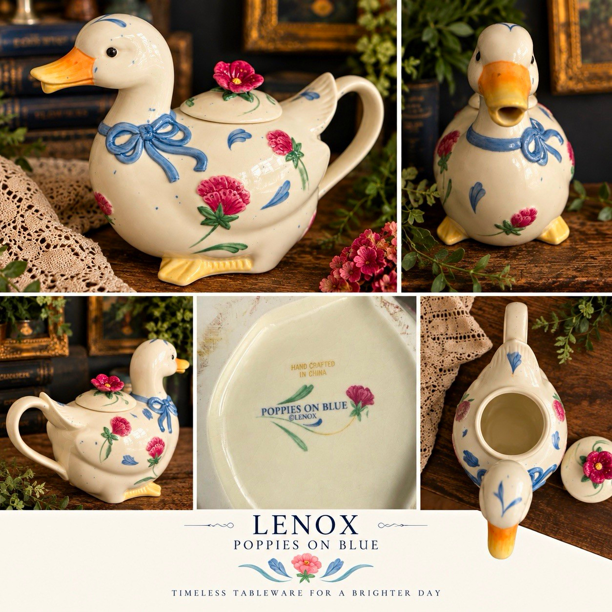 Lenox Poppies on Blue Poppies Duck Teapot w/ Lid, Ceramic, 24 oz