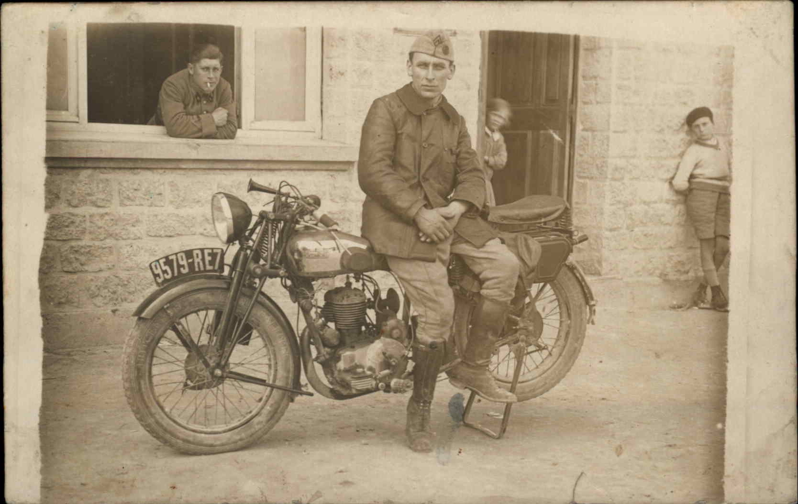 Courcy Motorcycle Club Soldier & Uniform MOTOCOMFORT on GAS TANK??? c1931 RPPC