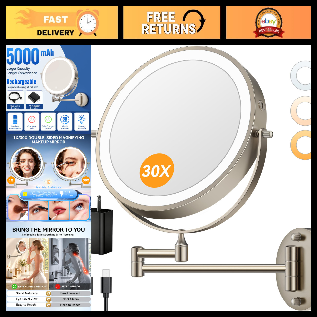 Auxmir 9″ 5000mAh 1X/30X Wall Mounted Lighted Magnifying Makeup Mirror