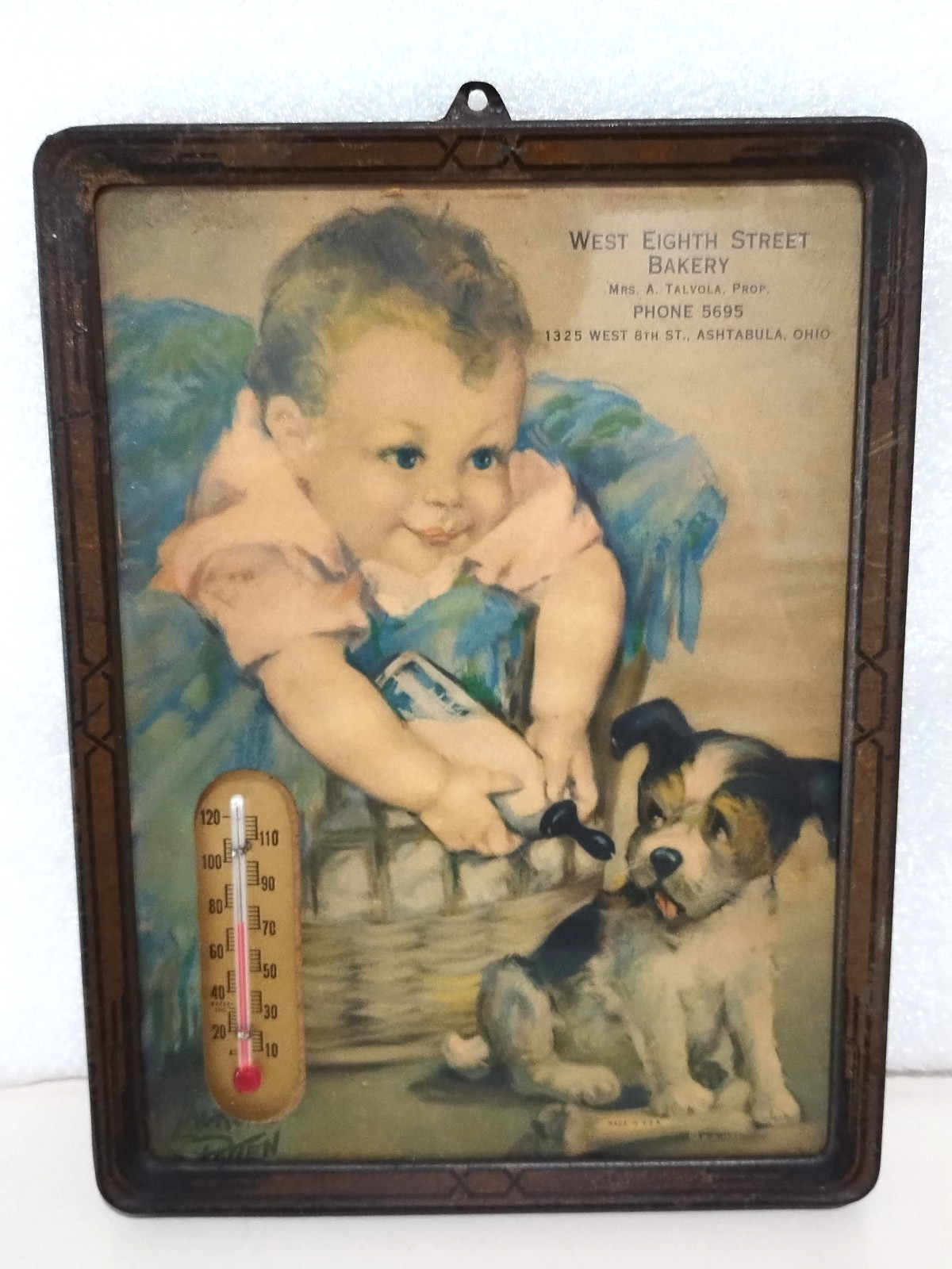 Ad Picture by Charlotte Becker Vtg Ashtabula Ohio Thermometer Baby Puppy Framed