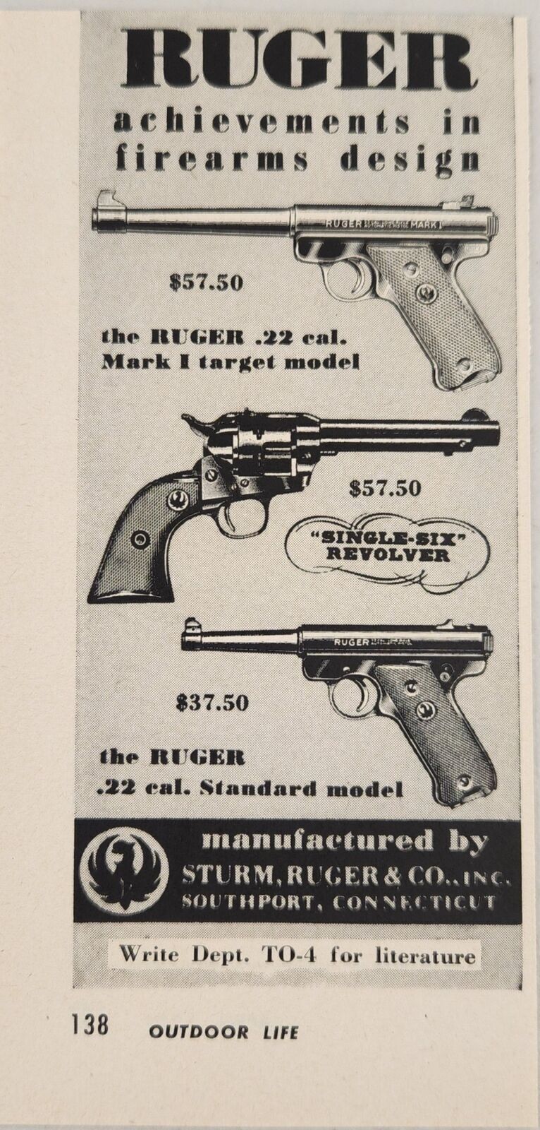 1954 Print Ad Ruger Semi-Automatic & Single Shot Revolver .22 Cal Southport,CT 1954 Print Ad Ruger Semi-Automatic & Single Shot Revolver .22 Cal Southport,CT