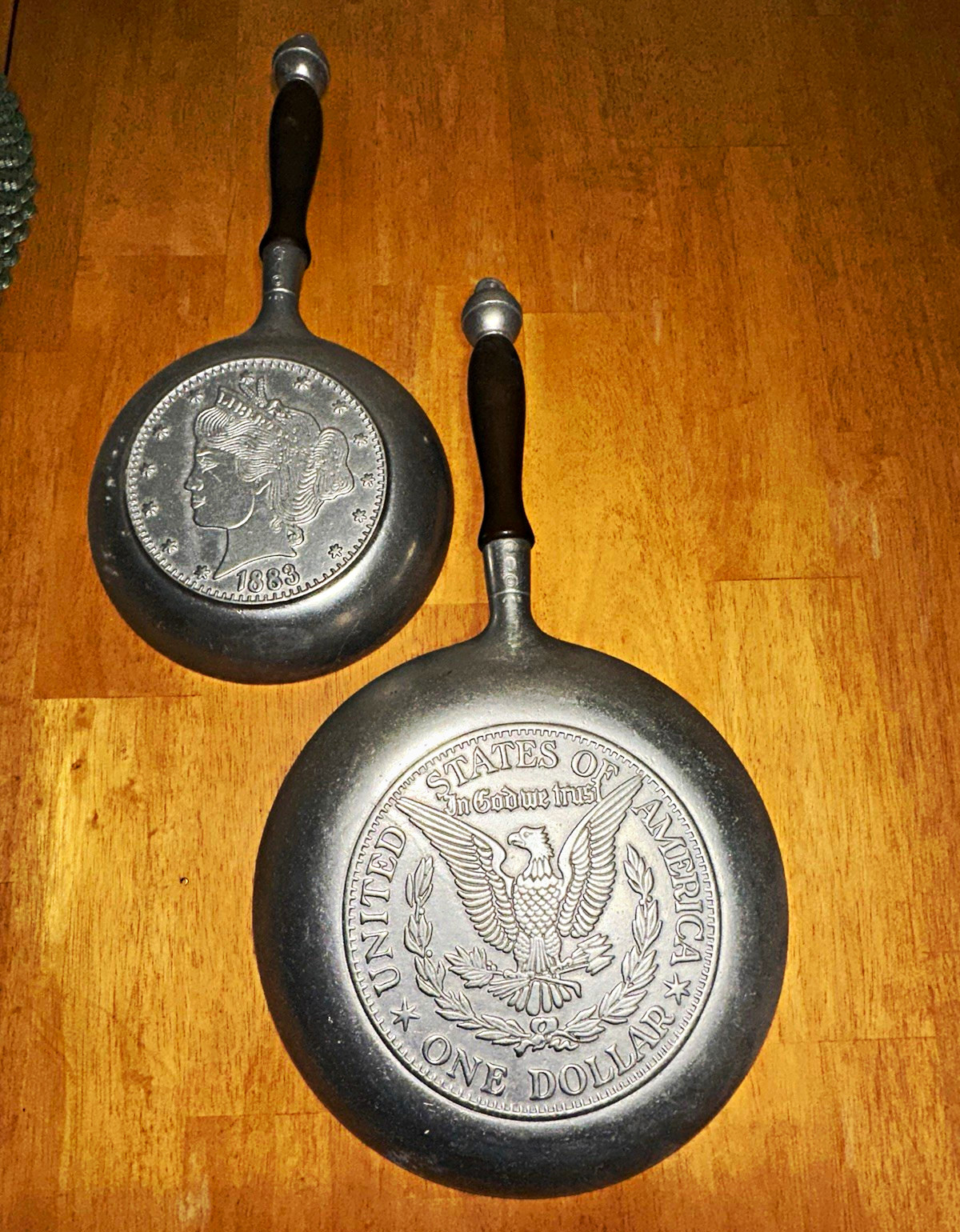 2-Piece wilton armetale pewter skillet Liberty Head Nickel 1883 & USA One Dollar