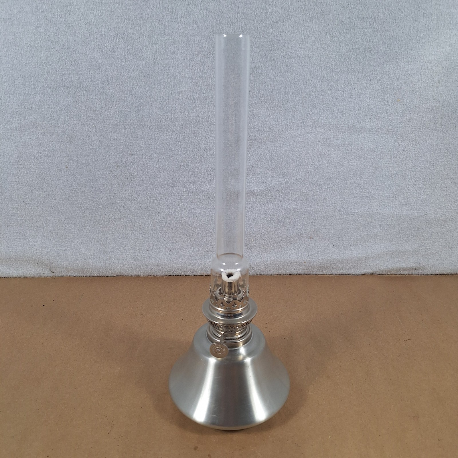 Fred Danforth Signed Pewter Lodge Oil Lamp w/ Glass Chimney 10” Tall