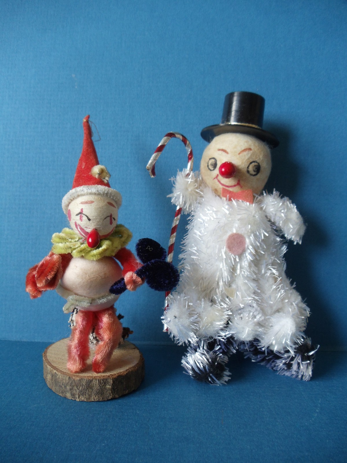 VTG Mid Century Putz Christmas Ornaments SNOWMAN CLOWN Spun Cotton Chenille Mica