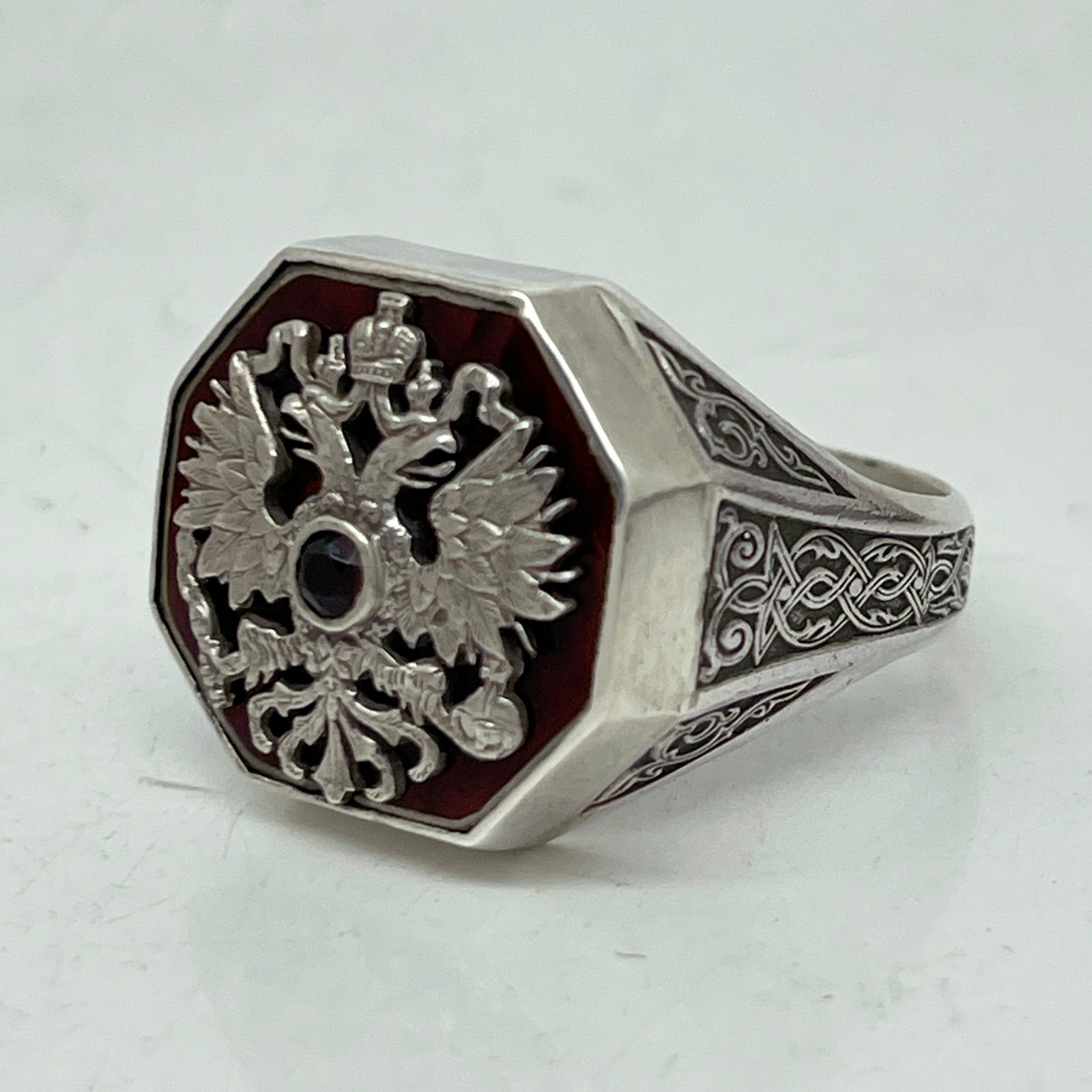 FABERGE  Russian Imperial 88 Silver Enamel Ring with Ruby