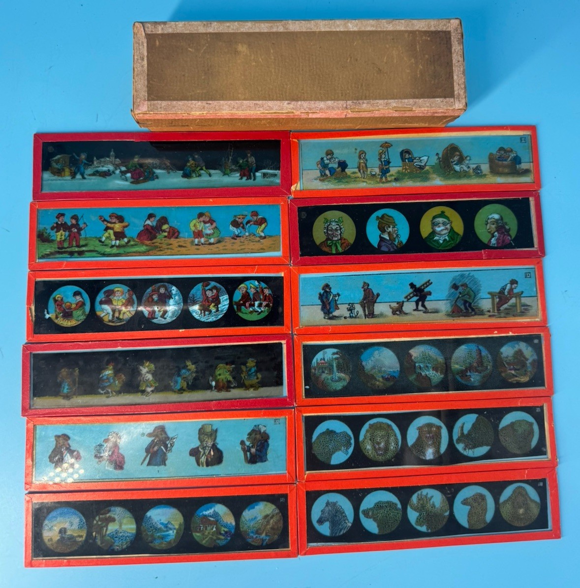 12 Antique Magic Lantern Glass Slides Hand Colored Comic Animals People Scenes