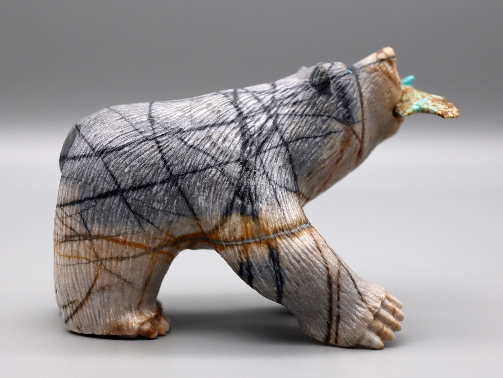 Milton Honawa (d) Picasso Marble Hopi Bear w/Turquoise Fish Fetish