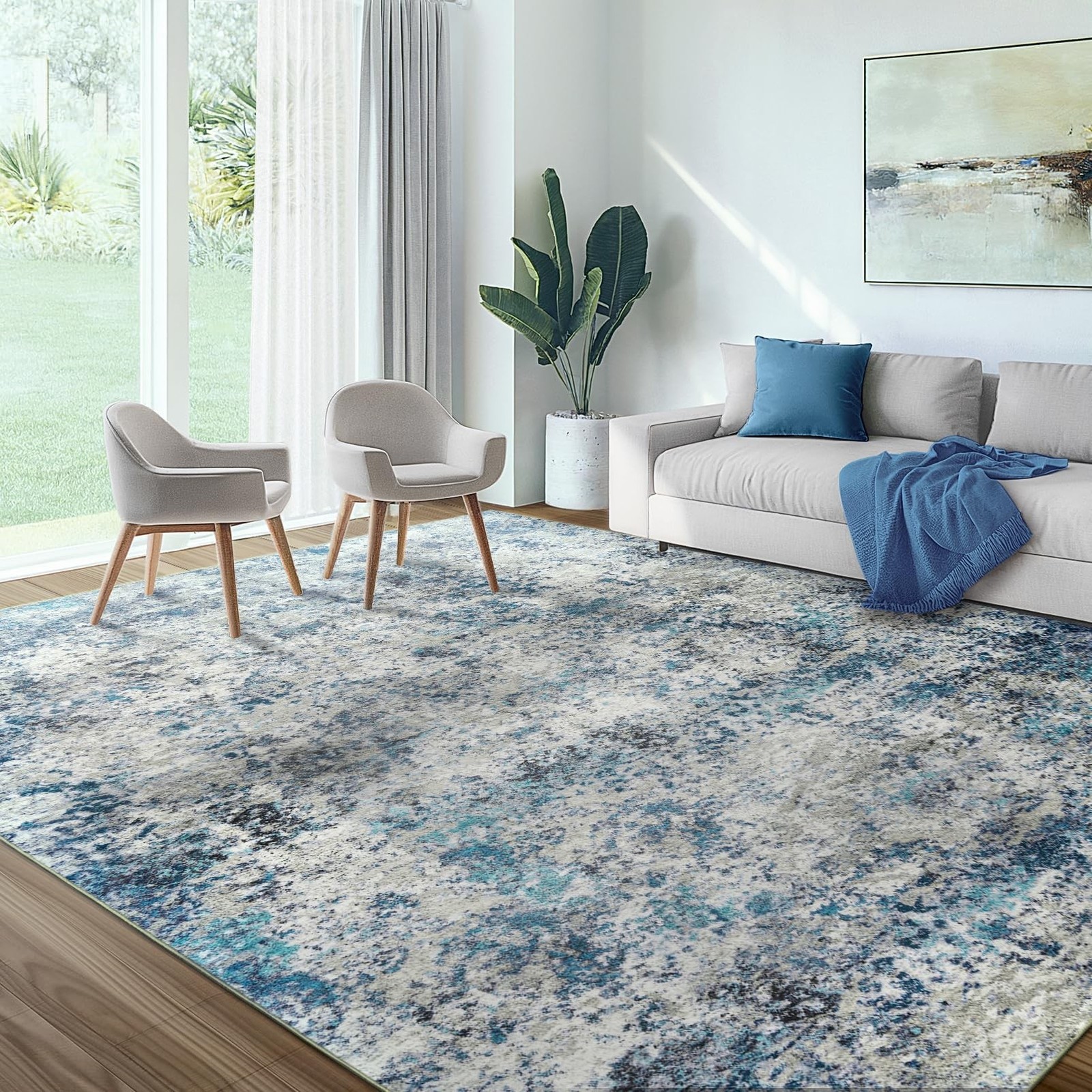 Washable Area Rug for Living Room: 9x12 Modern Abstract Neutral Soft Rug for ...