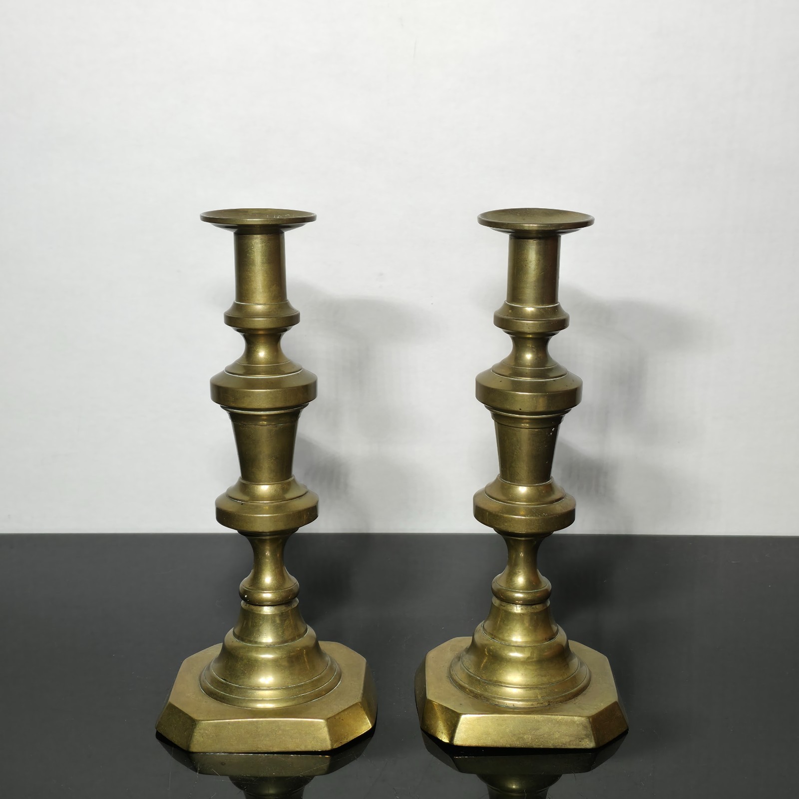 Pair Antique English Brass Candlesticks Push Ejectors Early Victorian c1850 10