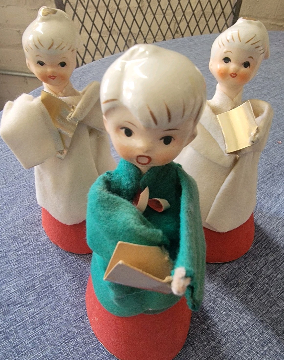 3 MCM Vintage Christmas Holt Howard Choir kids Set Felt with Ceramic Head Japan