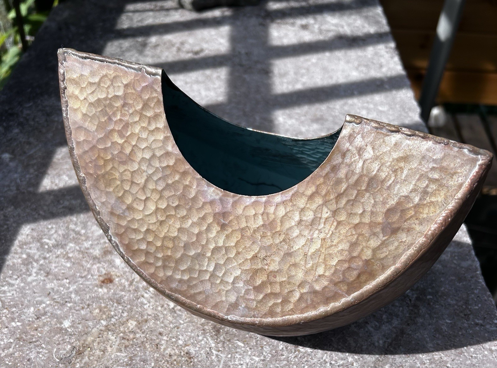 Hammered Copper Half-Moon Bowl/ Vase with Cutout Top, Blue-Green Interior