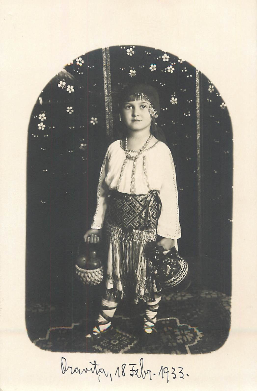 B647 Romanian Girl Traditional Folk Costume Photo Postcard Oravita Banat 1933