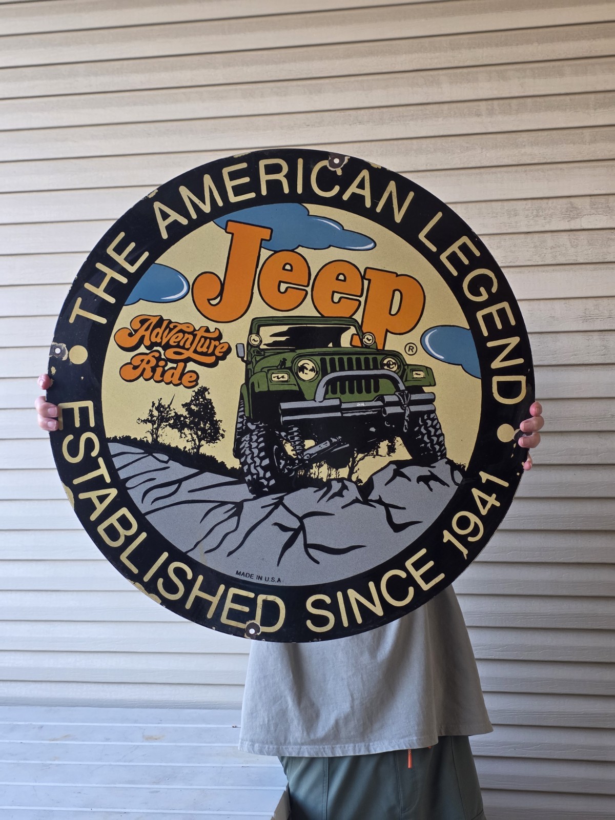 VINTAGE HUGE JEEP THE AMERICAN LEGEND PORCELAIN METAL ADVERTISING SIGN 29
