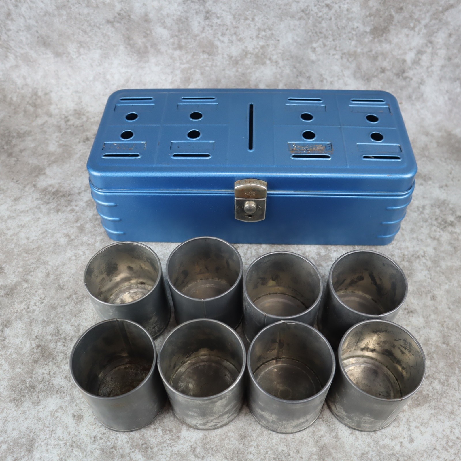 VTG 1940s Home Budget Bank Blue Metal Box 8 Cup Inserts Storage Container